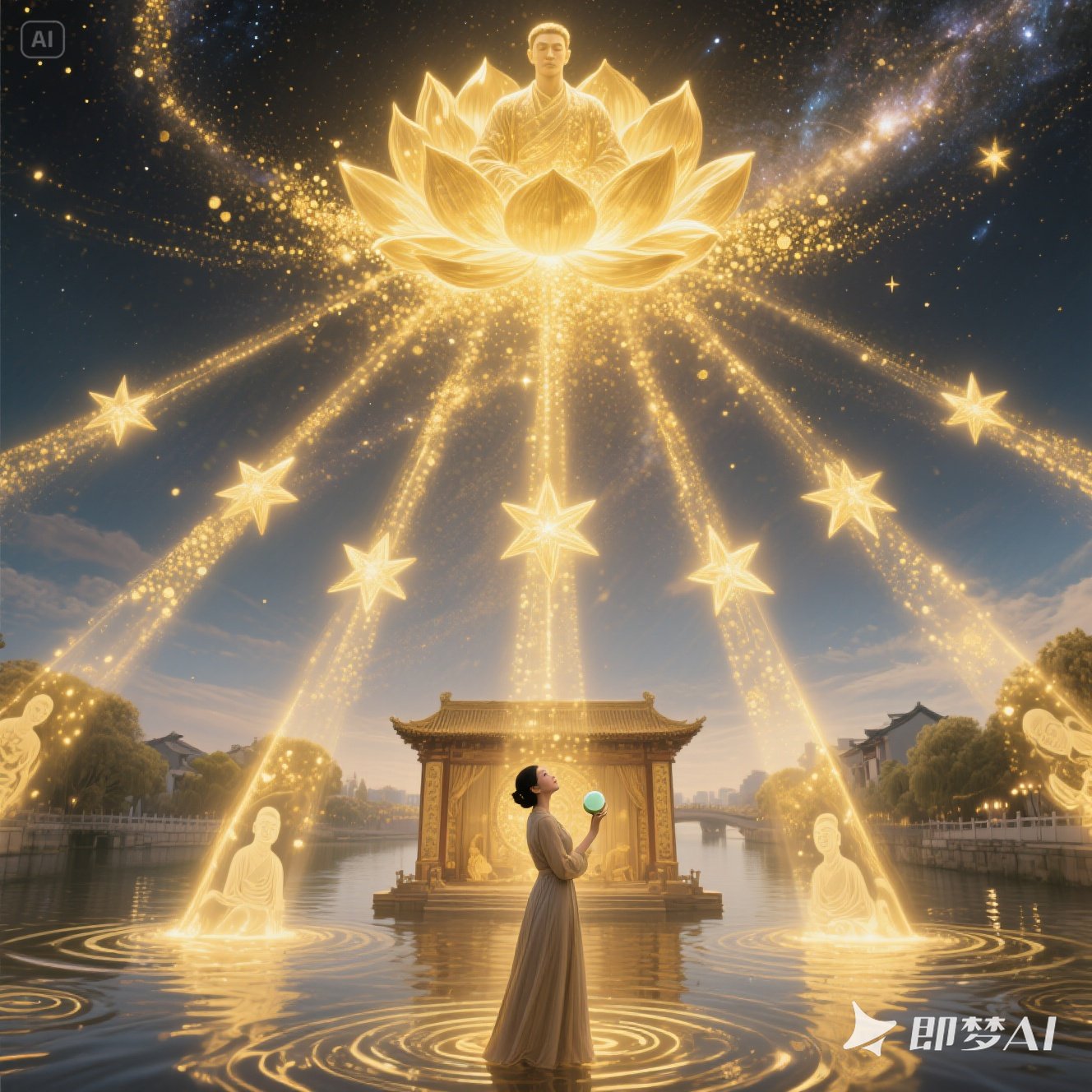 jimeng-2025-04-30-536-配图主题《功德星轨》仰视星空视角：七道金色星芒从苏州河面升起，化作银河连接人间与极乐世界。下方灵堂中林婉清手持玉扳指仰望，上方是.jpeg