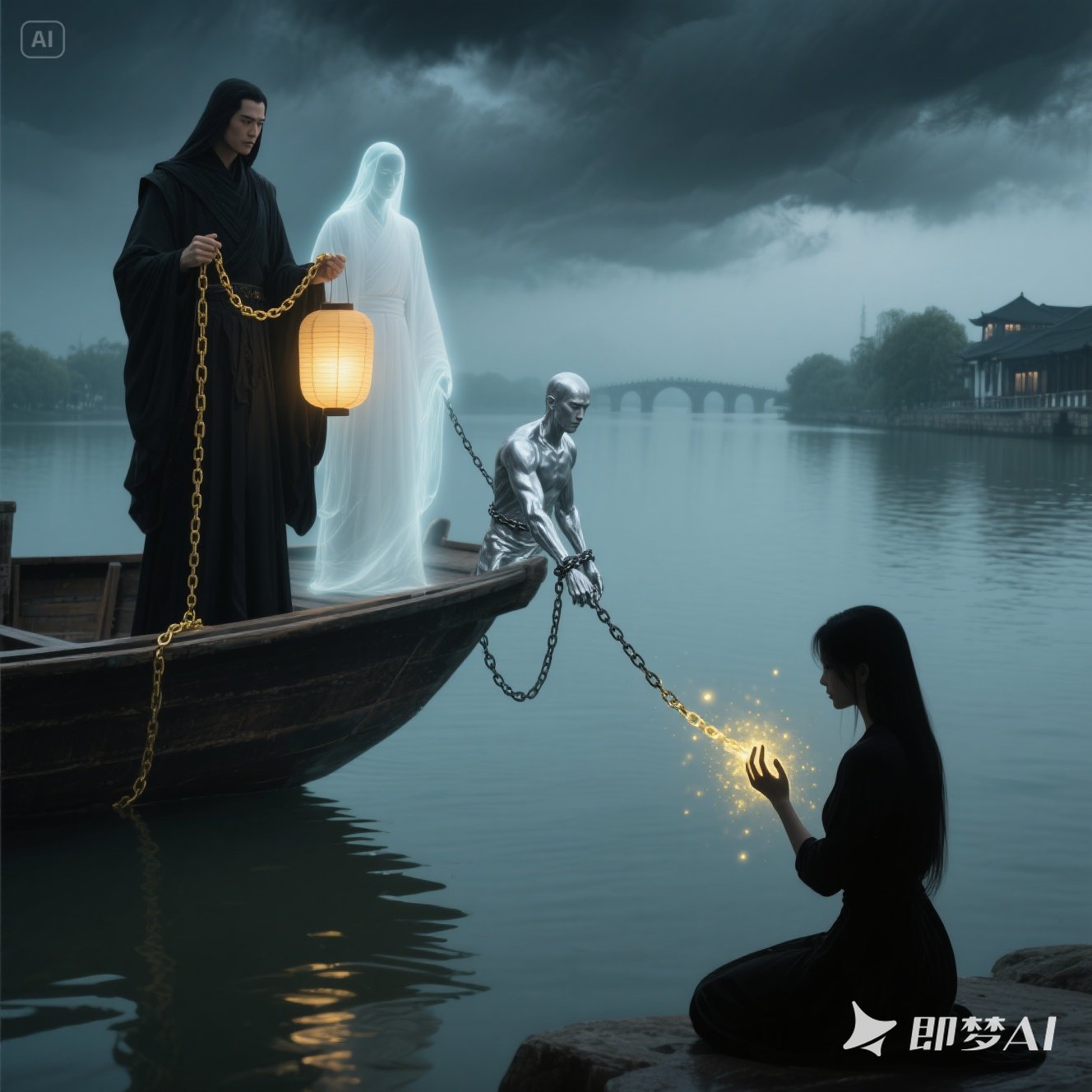 jimeng-2025-04-30-528-配图主题《使者渡魂》竖版构图：左上角乌云密布的苏州河面，黑衣使者（手持金丝铁链）与白袍使者（灯笼映照半透明灵体）立于船头。中景是.jpeg